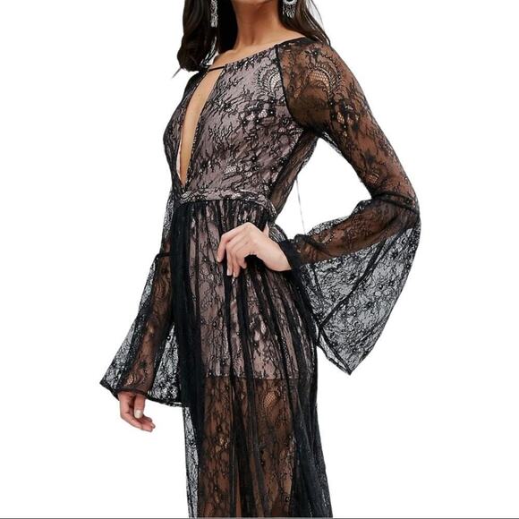 Whyte Eyelash Skirted Maxi Black Lace Sheer Romper Deep V-neck bell sleeves S - Picture 2 of 16